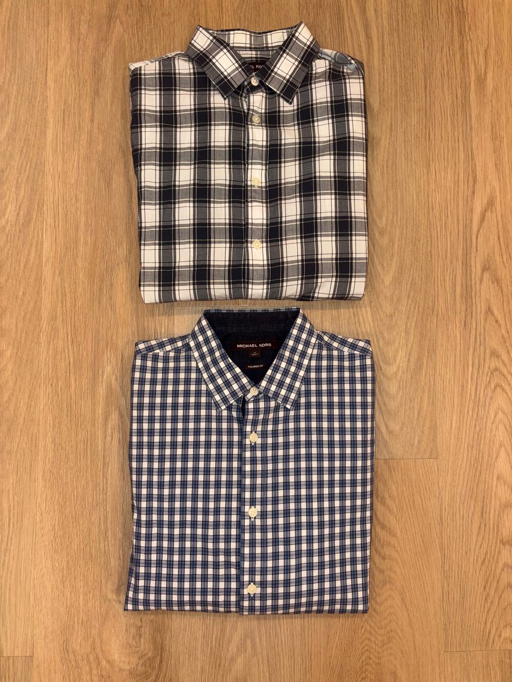 2 Michael Kors long sleeve button up tailored fit shirts blue plaid mens medium